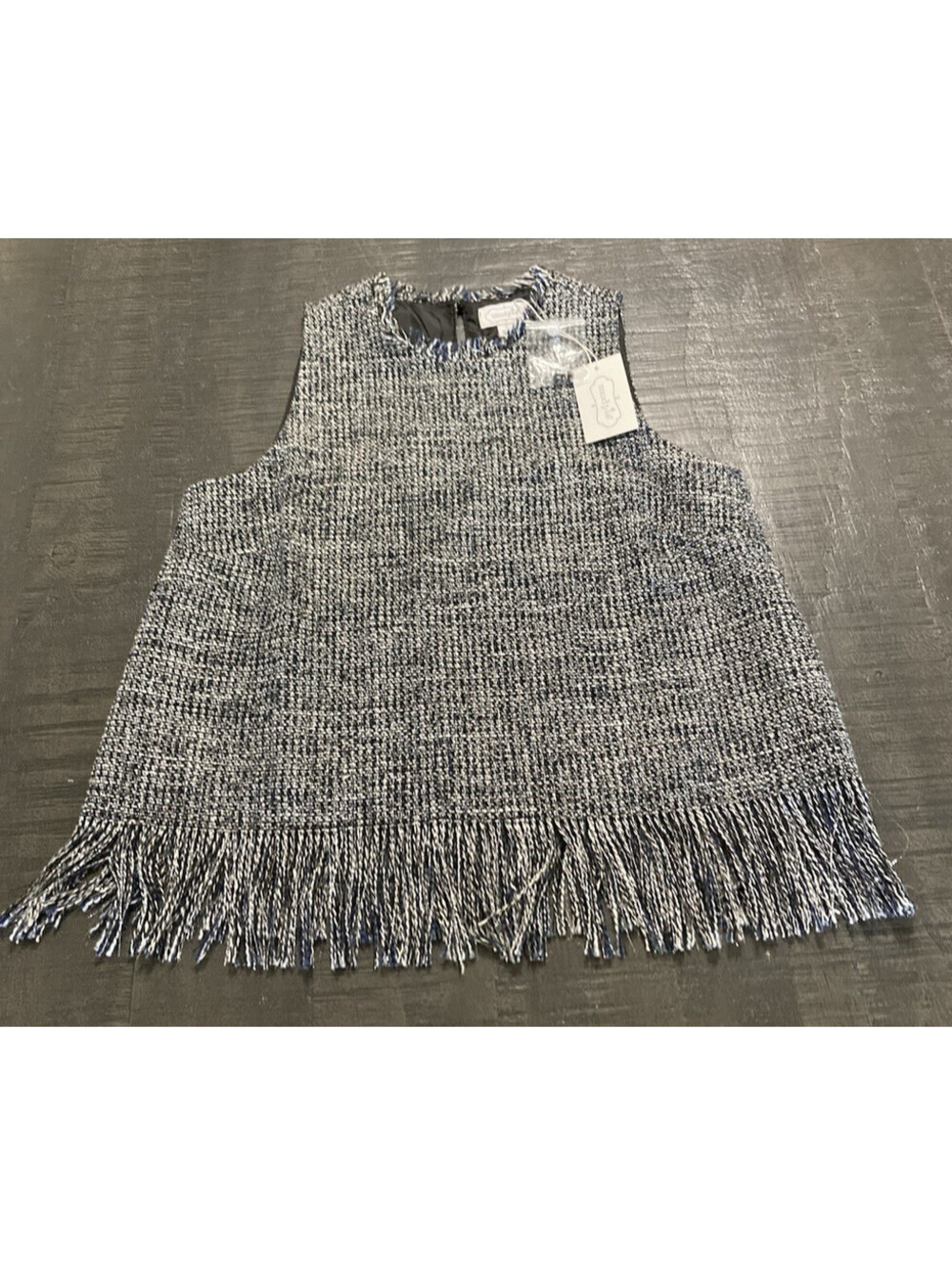 Mud Pie NWT Sleeveless Tweed Blouse Top Women's Small Navy Silver Fringe Classic
